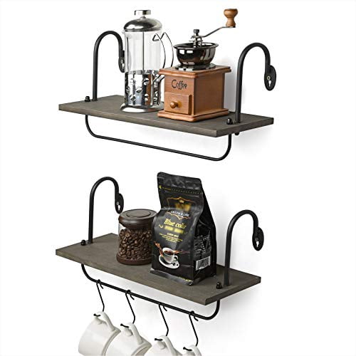 Carbonized Black Olakee Floating Wall Shelves for Kitchen Bathroom Coffee Nook with 10 Adjustable Hooks for Mugs Cooking Utensils or Towel Rustic Storage Shelves Set of 2/17x5.9 inch Carbonized Black Olakee Floating Wall Shelves for Kitchen Bathroom Coffee Nook with 10 Adjustable Hooks for Mugs Cooking Utensils or Towel Rustic Storage Shelves Set of 2/17x5.9 inch
